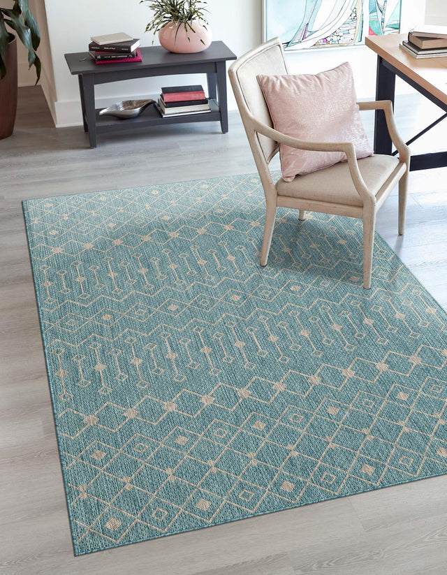 Aqua 9' x 12' Outdoor Trellis Rectangle Area Rug Weather Resistant for Patio, Deck, Terrace, Balcony, Porch Geometric Design Water Safe Outside Carpet for Sale at Rug Engine