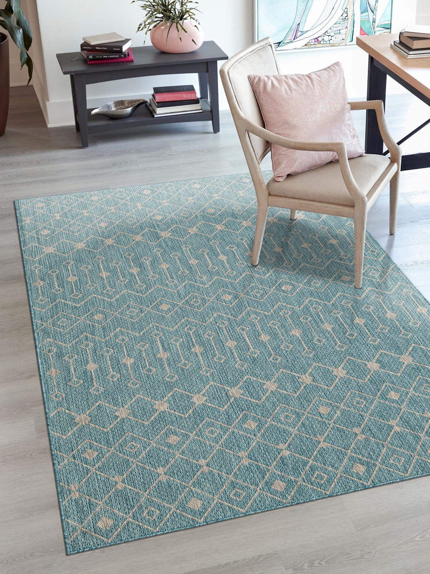 Aqua 4' 1 x 6' 1 Outdoor Trellis Rectangle Area Rug Weather Resistant for Patio, Deck, Terrace, Balcony, Porch Geometric Design Water Safe Outside Carpet for Sale at Rug Engine