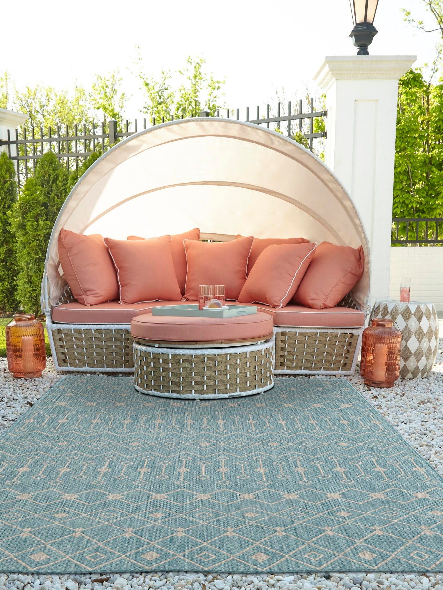 Aqua 4' 1 x 6' 1 Outdoor Trellis Rectangle Area Rug Weather Resistant for Patio, Deck, Terrace, Balcony, Porch Geometric Design Water Safe Outside Carpet for Sale at Rug Engine