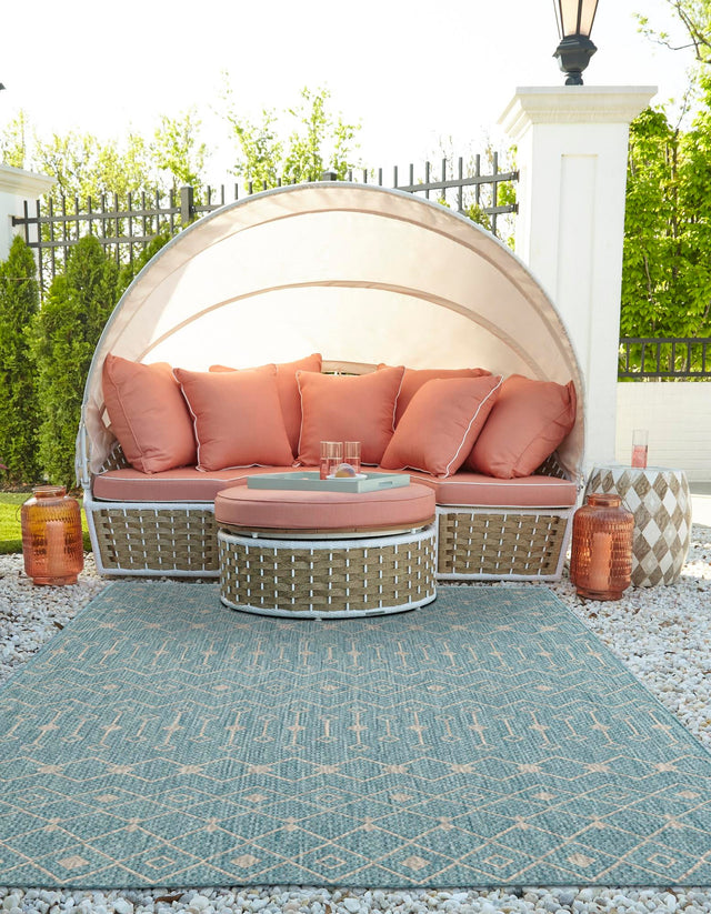 Aqua 7' 10 x 11' Outdoor Trellis Rectangle Area Rug Weather Resistant for Patio, Deck, Terrace, Balcony, Porch Geometric Design Water Safe Outside Carpet for Sale at Rug Engine