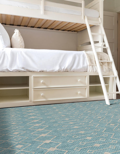 Aqua 6' 1 x 9' Outdoor Trellis Rectangle Area Rug Weather Resistant for Patio, Deck, Terrace, Balcony, Porch Geometric Design Water Safe Outside Carpet for Sale at Rug Engine
