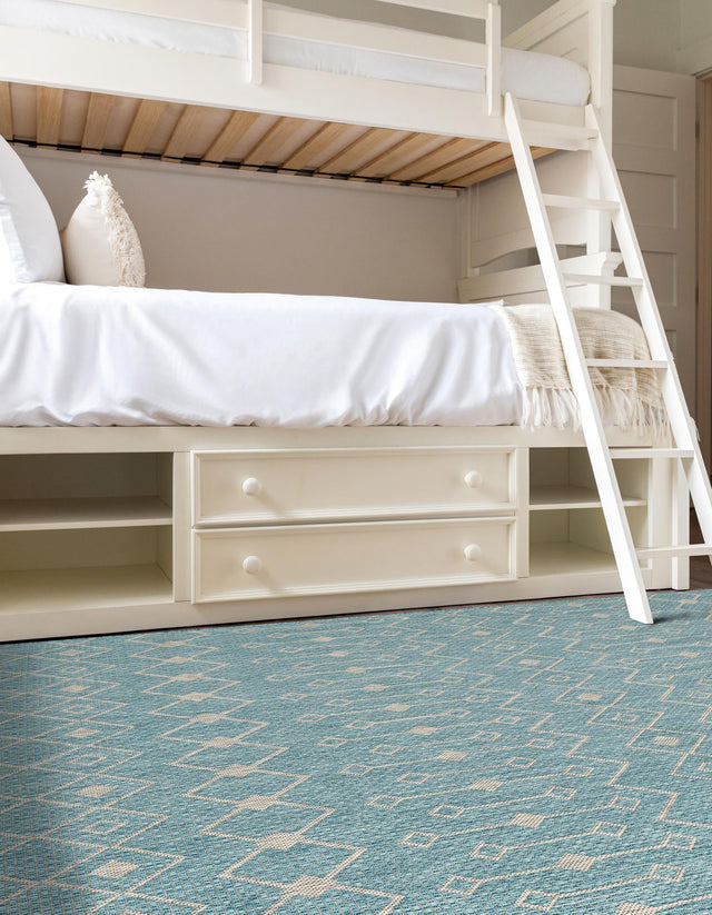 Aqua 6' 1 x 9' Outdoor Trellis Rectangle Area Rug Weather Resistant for Patio, Deck, Terrace, Balcony, Porch Geometric Design Water Safe Outside Carpet for Sale at Rug Engine
