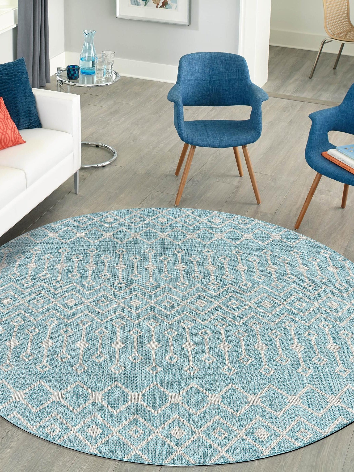 Aqua 4' 1 x 4' 1 Outdoor Trellis Round Area Rug Weather Resistant for Patio, Deck, Terrace, Balcony, Porch Geometric Design Water Safe Outside Carpet for Sale at Rug Engine