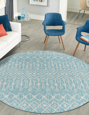 Aqua 4' 1 x 4' 1 Outdoor Trellis Round Area Rug Weather Resistant for Patio, Deck, Terrace, Balcony, Porch Geometric Design Water Safe Outside Carpet for Sale at Rug Engine