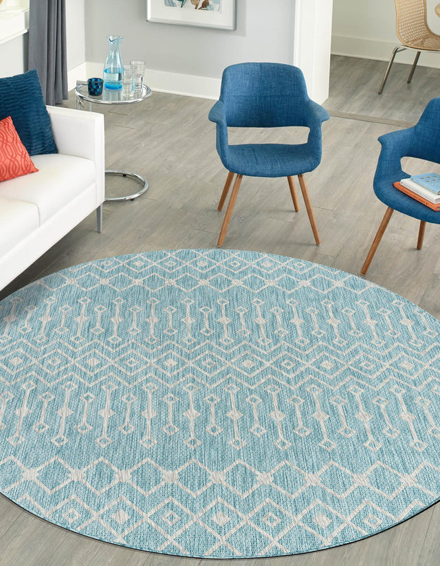 Aqua 4' 1 x 4' 1 Outdoor Trellis Round Area Rug Weather Resistant for Patio, Deck, Terrace, Balcony, Porch Geometric Design Water Safe Outside Carpet for Sale at Rug Engine