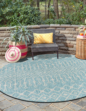 Aqua 13' 1 x 13' 1 Outdoor Trellis Round Area Rug Weather Resistant for Patio, Deck, Terrace, Balcony, Porch Geometric Design Water Safe Outside Carpet for Sale at Rug Engine