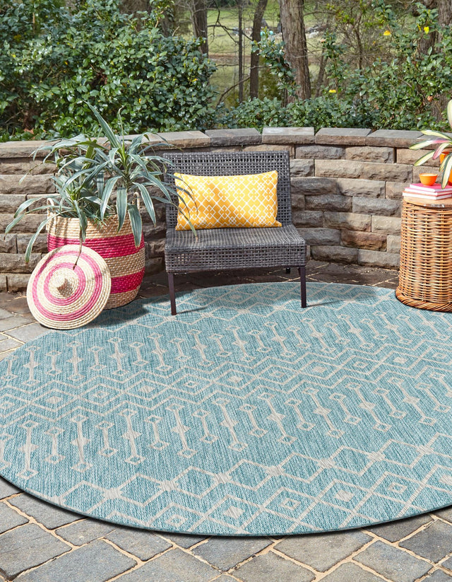 Aqua 13' 1 x 13' 1 Outdoor Trellis Round Area Rug Weather Resistant for Patio, Deck, Terrace, Balcony, Porch Geometric Design Water Safe Outside Carpet for Sale at Rug Engine