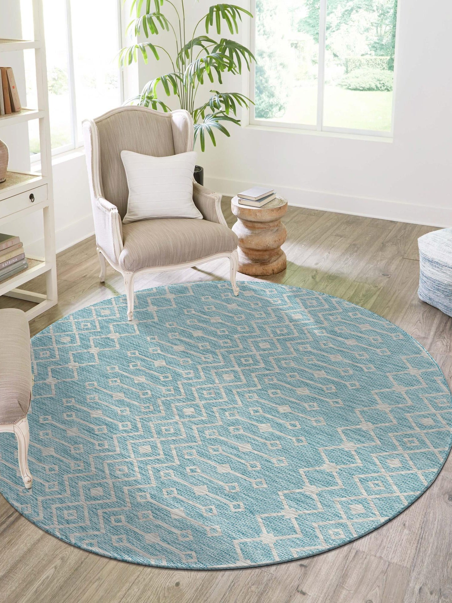 Aqua 13' 1 x 13' 1 Outdoor Trellis Round Area Rug Weather Resistant for Patio, Deck, Terrace, Balcony, Porch Geometric Design Water Safe Outside Carpet for Sale at Rug Engine