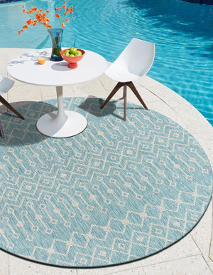 Aqua 13' 1 x 13' 1 Outdoor Trellis Round Area Rug Weather Resistant for Patio, Deck, Terrace, Balcony, Porch Geometric Design Water Safe Outside Carpet for Sale at Rug Engine