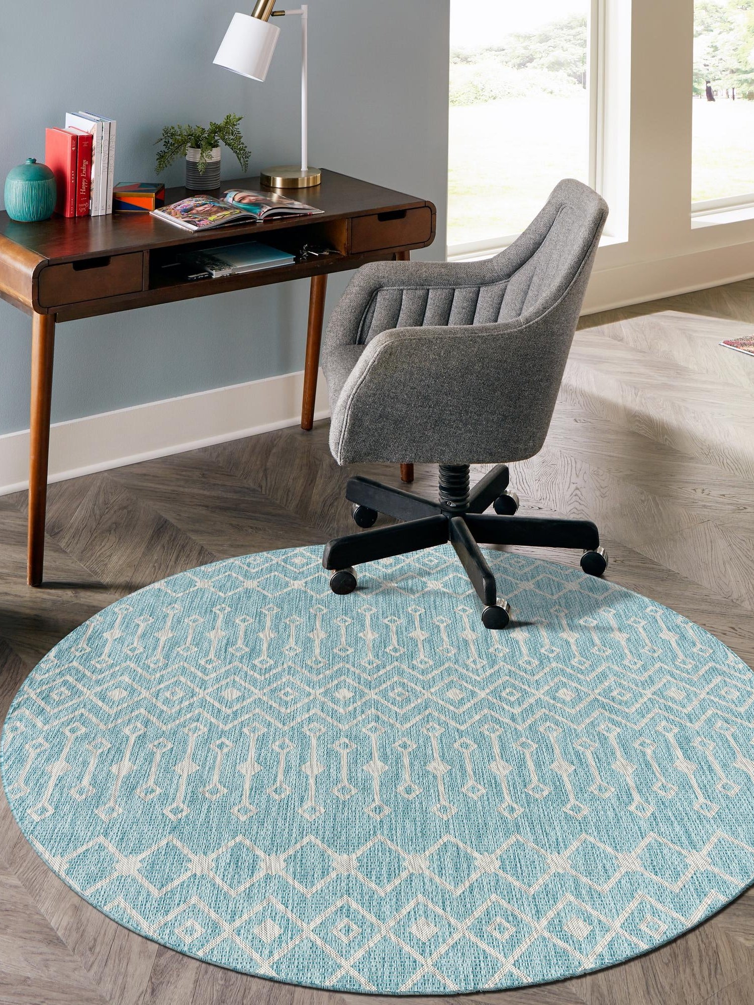 Aqua 10' 8 x 10' 8 Outdoor Trellis Round Area Rug Weather Resistant for Patio, Deck, Terrace, Balcony, Porch Geometric Design Water Safe Outside Carpet for Sale at Rug Engine