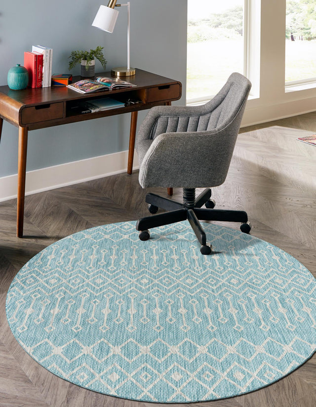 Aqua 4' 1 x 4' 1 Outdoor Trellis Round Area Rug Weather Resistant for Patio, Deck, Terrace, Balcony, Porch Geometric Design Water Safe Outside Carpet for Sale at Rug Engine