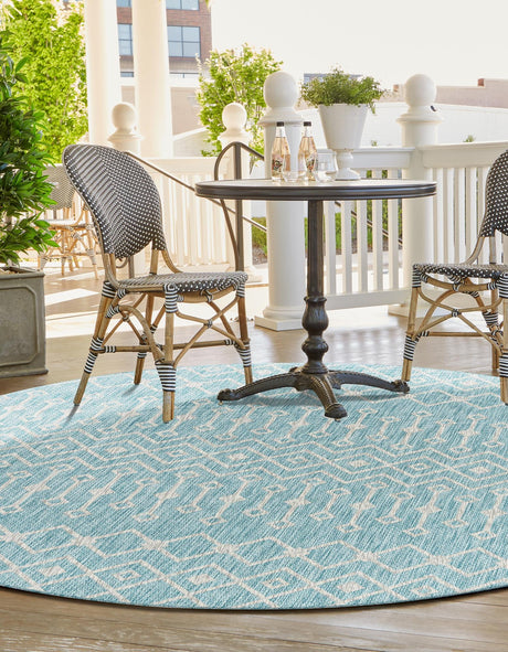 Aqua 7' 10 x 7' 10 Outdoor Trellis Round Area Rug Weather Resistant for Patio, Deck, Terrace, Balcony, Porch Geometric Design Water Safe Outside Carpet for Sale at Rug Engine