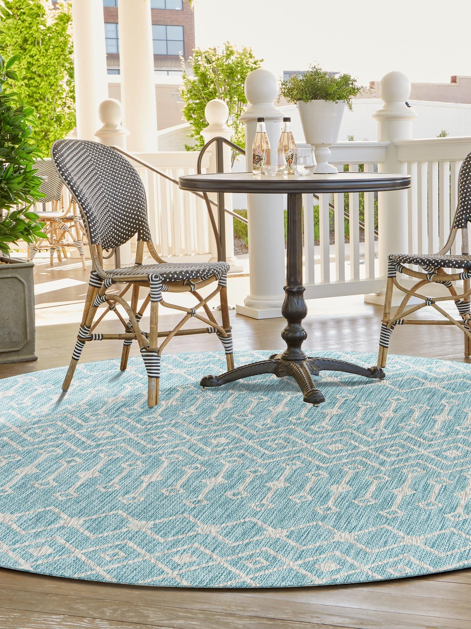 Aqua 10' 8 x 10' 8 Outdoor Trellis Round Area Rug Weather Resistant for Patio, Deck, Terrace, Balcony, Porch Geometric Design Water Safe Outside Carpet for Sale at Rug Engine