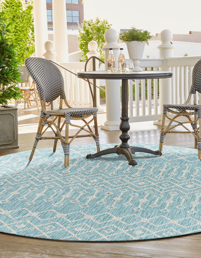 Aqua 5' 3 x 5' 3 Outdoor Trellis Round Area Rug Weather Resistant for Patio, Deck, Terrace, Balcony, Porch Geometric Design Water Safe Outside Carpet for Sale at Rug Engine