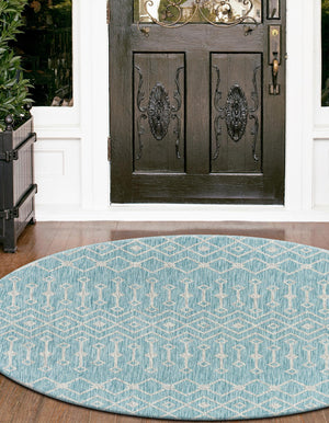 Aqua 4' 1 x 4' 1 Outdoor Trellis Round Area Rug Weather Resistant for Patio, Deck, Terrace, Balcony, Porch Geometric Design Water Safe Outside Carpet for Sale at Rug Engine