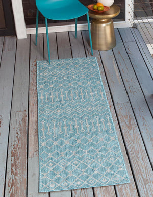 Aqua 2' x 6' 1 Outdoor Trellis Runner Area Rug Weather Resistant for Patio, Deck, Terrace, Balcony, Porch Geometric Design Water Safe Outside Carpet for Sale at Rug Engine