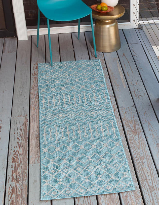 Aqua 2' x 6' 1 Outdoor Trellis Runner Area Rug Weather Resistant for Patio, Deck, Terrace, Balcony, Porch Geometric Design Water Safe Outside Carpet for Sale at Rug Engine
