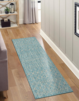 Aqua 2' x 6' 1 Outdoor Trellis Runner Area Rug Weather Resistant for Patio, Deck, Terrace, Balcony, Porch Geometric Design Water Safe Outside Carpet for Sale at Rug Engine
