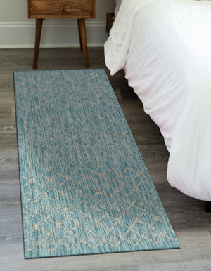 Aqua 2' x 6' 1 Outdoor Trellis Runner Area Rug Weather Resistant for Patio, Deck, Terrace, Balcony, Porch Geometric Design Water Safe Outside Carpet for Sale at Rug Engine