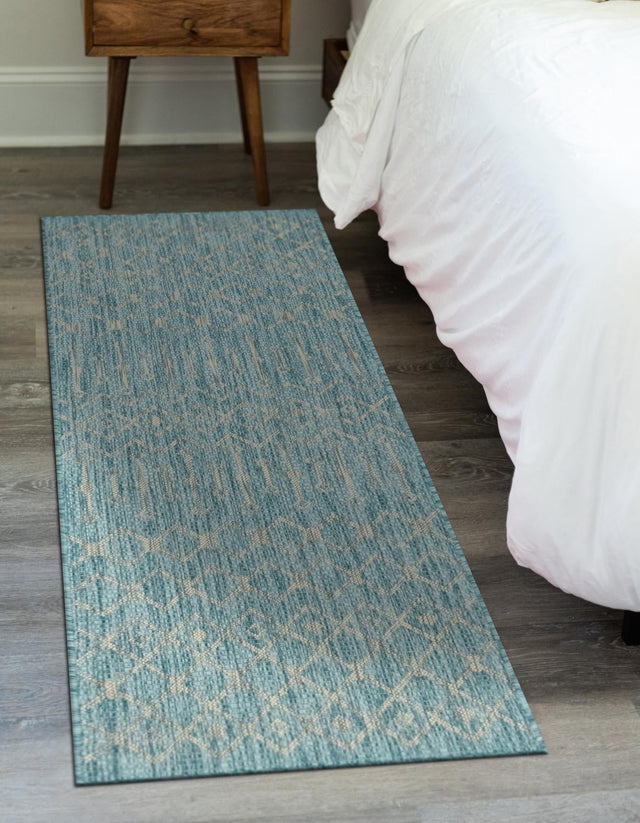 Aqua 2' x 6' 1 Outdoor Trellis Runner Area Rug Weather Resistant for Patio, Deck, Terrace, Balcony, Porch Geometric Design Water Safe Outside Carpet for Sale at Rug Engine
