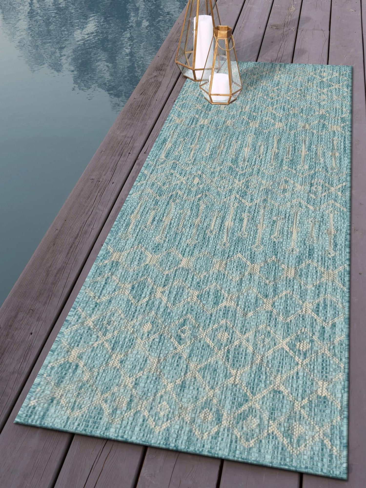 Aqua 2' x 6' 1 Outdoor Trellis Runner Area Rug Weather Resistant for Patio, Deck, Terrace, Balcony, Porch Geometric Design Water Safe Outside Carpet for Sale at Rug Engine