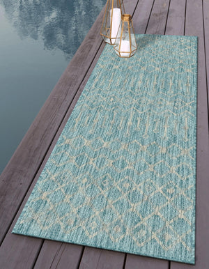 Aqua 2' x 6' 1 Outdoor Trellis Runner Area Rug Weather Resistant for Patio, Deck, Terrace, Balcony, Porch Geometric Design Water Safe Outside Carpet for Sale at Rug Engine