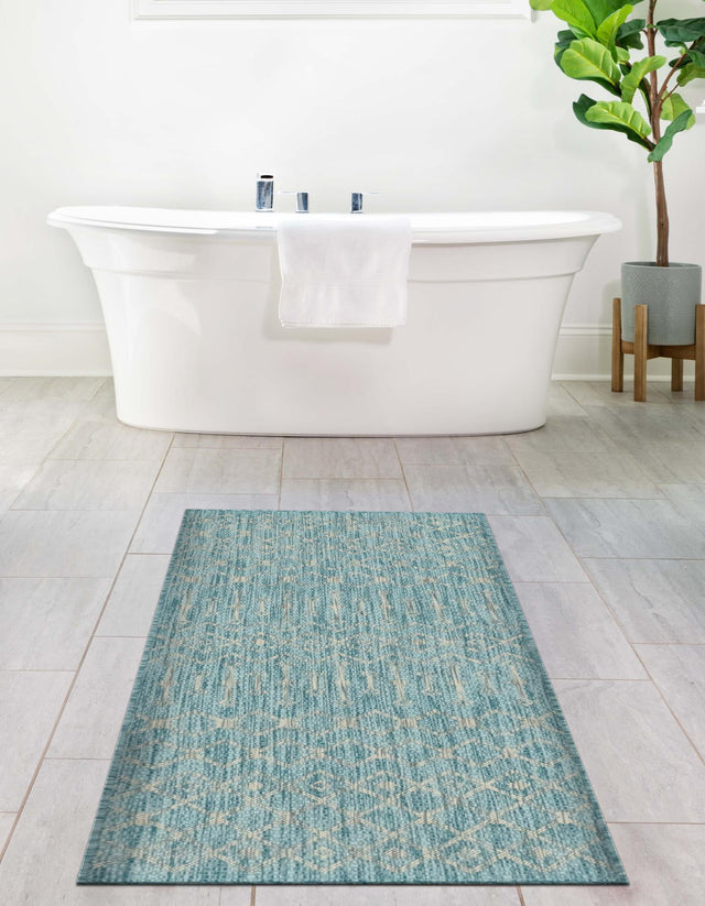 Aqua 2' x 6' 1 Outdoor Trellis Runner Area Rug Weather Resistant for Patio, Deck, Terrace, Balcony, Porch Geometric Design Water Safe Outside Carpet for Sale at Rug Engine