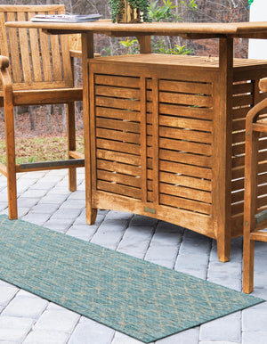 Aqua 2' x 6' 1 Outdoor Trellis Runner Area Rug Weather Resistant for Patio, Deck, Terrace, Balcony, Porch Geometric Design Water Safe Outside Carpet for Sale at Rug Engine