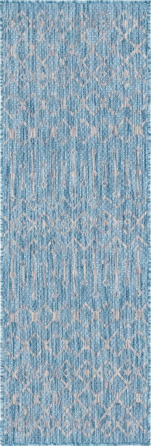 Aqua 2' x 6' 1 Outdoor Trellis Runner Area Rug Weather Resistant for Patio, Deck, Terrace, Balcony, Porch Geometric Design Water Safe Outside Carpet for Sale at Rug Engine