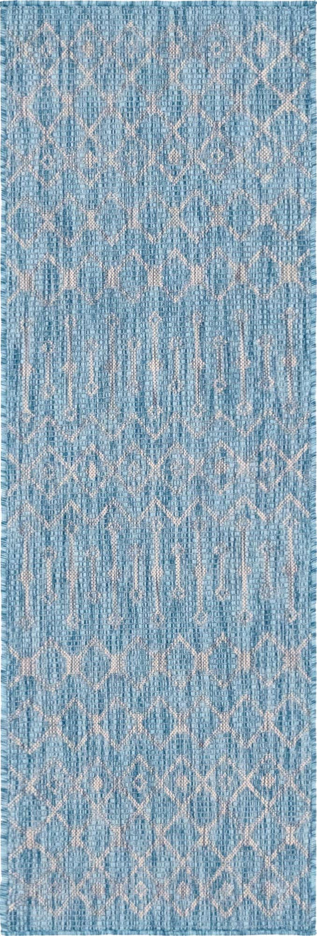 Aqua 2' x 6' 1 Outdoor Trellis Runner Area Rug Weather Resistant for Patio, Deck, Terrace, Balcony, Porch Geometric Design Water Safe Outside Carpet for Sale at Rug Engine
