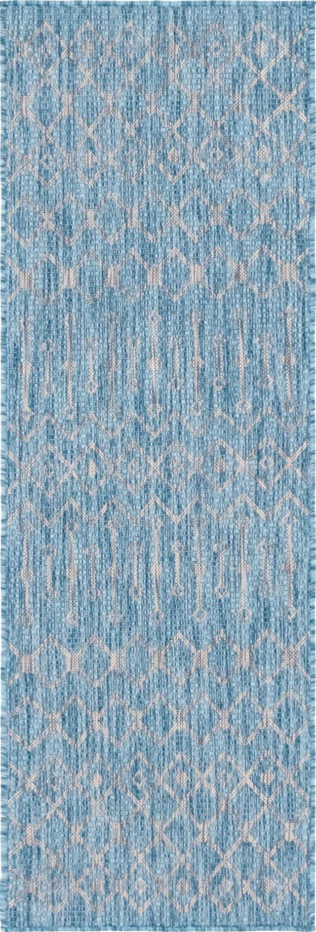 Aqua 2' x 6' 1 Outdoor Trellis Runner Area Rug Weather Resistant for Patio, Deck, Terrace, Balcony, Porch Geometric Design Water Safe Outside Carpet for Sale at Rug Engine