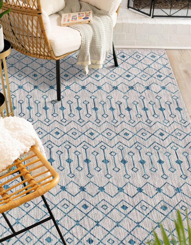 Light Blue 4' 1 x 6' 1 Outdoor Trellis Rectangle Area Rug Weather Resistant for Patio, Deck, Terrace, Balcony, Porch Geometric Design Water Safe Outside Carpet for Sale at Rug Engine