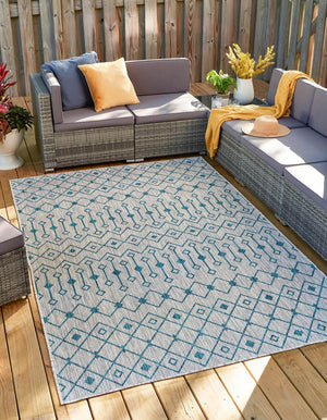 Light Blue 5' 1 x 8' Outdoor Trellis Rectangle Area Rug Weather Resistant for Patio, Deck, Terrace, Balcony, Porch Geometric Design Water Safe Outside Carpet for Sale at Rug Engine