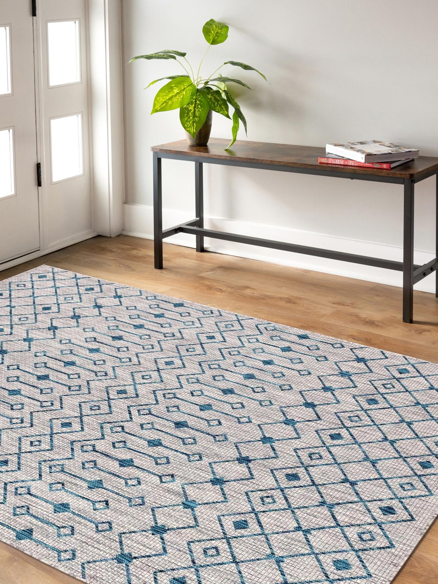 Light Blue 4' 1 x 6' 1 Outdoor Trellis Rectangle Area Rug Weather Resistant for Patio, Deck, Terrace, Balcony, Porch Geometric Design Water Safe Outside Carpet for Sale at Rug Engine