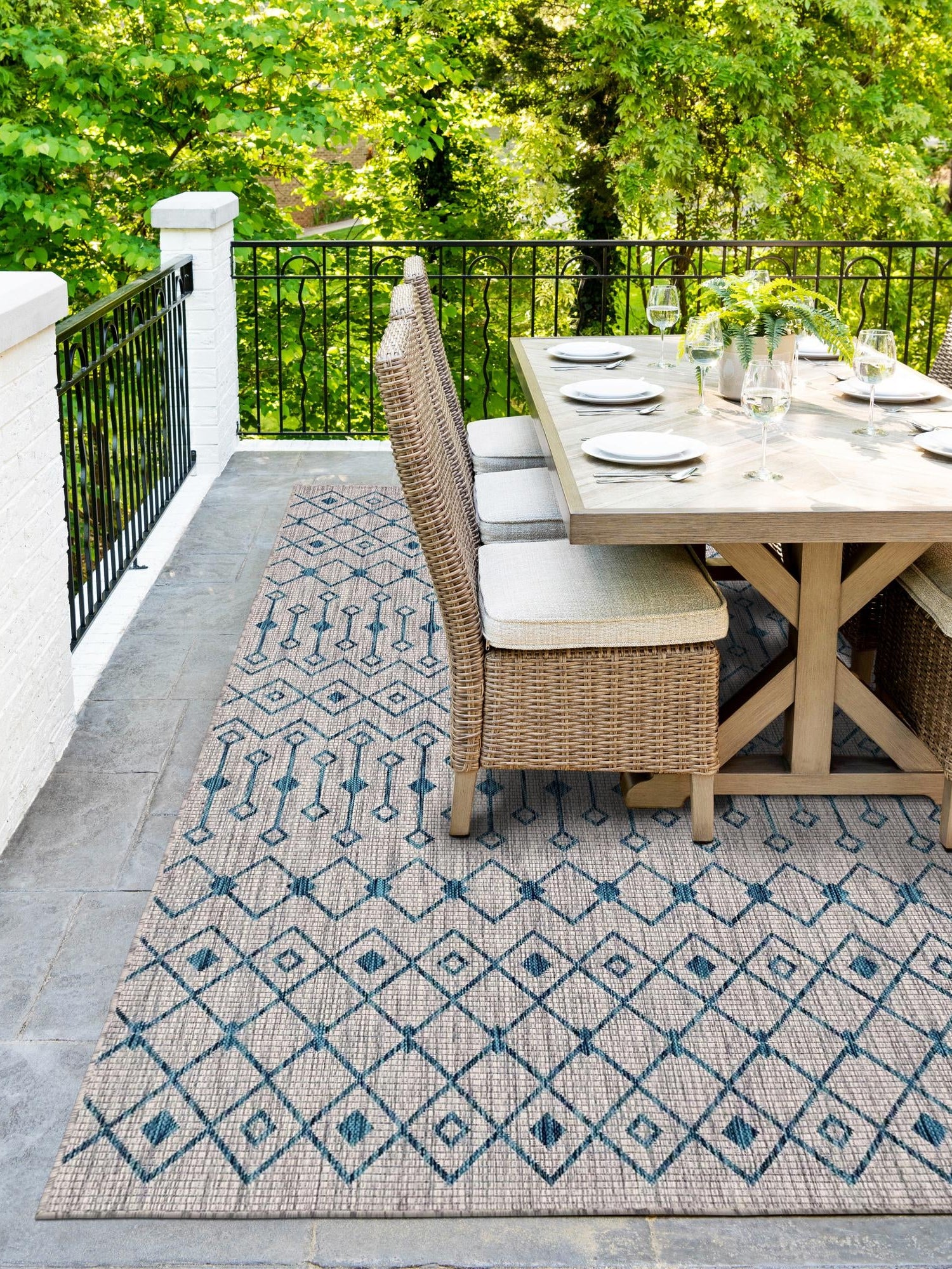 Light Blue 4' 1 x 6' 1 Outdoor Trellis Rectangle Area Rug Weather Resistant for Patio, Deck, Terrace, Balcony, Porch Geometric Design Water Safe Outside Carpet for Sale at Rug Engine