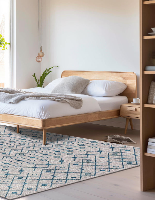 Light Blue 5' 1 x 8' Outdoor Trellis Rectangle Area Rug Weather Resistant for Patio, Deck, Terrace, Balcony, Porch Geometric Design Water Safe Outside Carpet for Sale at Rug Engine