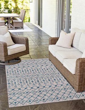 Light Blue 5' 1 x 8' Outdoor Trellis Rectangle Area Rug Weather Resistant for Patio, Deck, Terrace, Balcony, Porch Geometric Design Water Safe Outside Carpet for Sale at Rug Engine