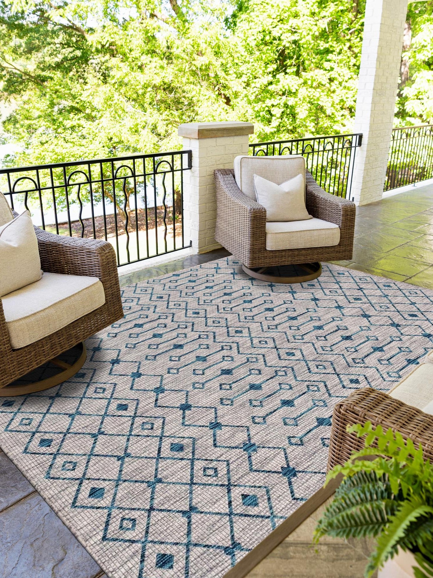 Light Blue 5' 1 x 8' Outdoor Trellis Rectangle Area Rug Weather Resistant for Patio, Deck, Terrace, Balcony, Porch Geometric Design Water Safe Outside Carpet for Sale at Rug Engine
