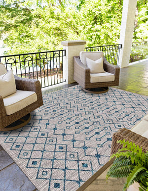 Light Blue 4' 1 x 6' 1 Outdoor Trellis Rectangle Area Rug Weather Resistant for Patio, Deck, Terrace, Balcony, Porch Geometric Design Water Safe Outside Carpet for Sale at Rug Engine