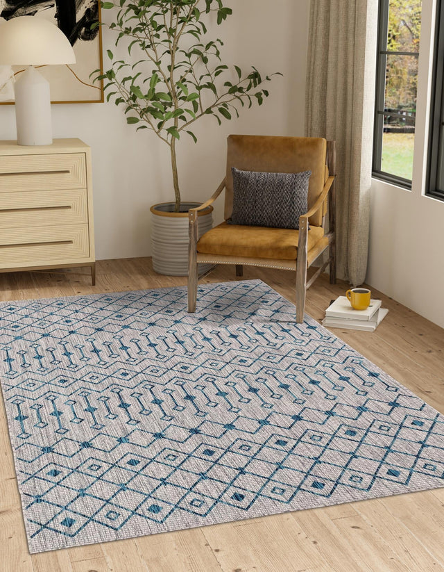 Light Blue 4' 1 x 6' 1 Outdoor Trellis Rectangle Area Rug Weather Resistant for Patio, Deck, Terrace, Balcony, Porch Geometric Design Water Safe Outside Carpet for Sale at Rug Engine