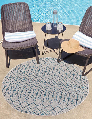 Light Blue 4' 1 x 4' 1 Outdoor Trellis Round Area Rug Weather Resistant for Patio, Deck, Terrace, Balcony, Porch Geometric Design Water Safe Outside Carpet for Sale at Rug Engine