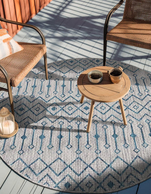 Light Blue 4' 1 x 4' 1 Outdoor Trellis Round Area Rug Weather Resistant for Patio, Deck, Terrace, Balcony, Porch Geometric Design Water Safe Outside Carpet for Sale at Rug Engine