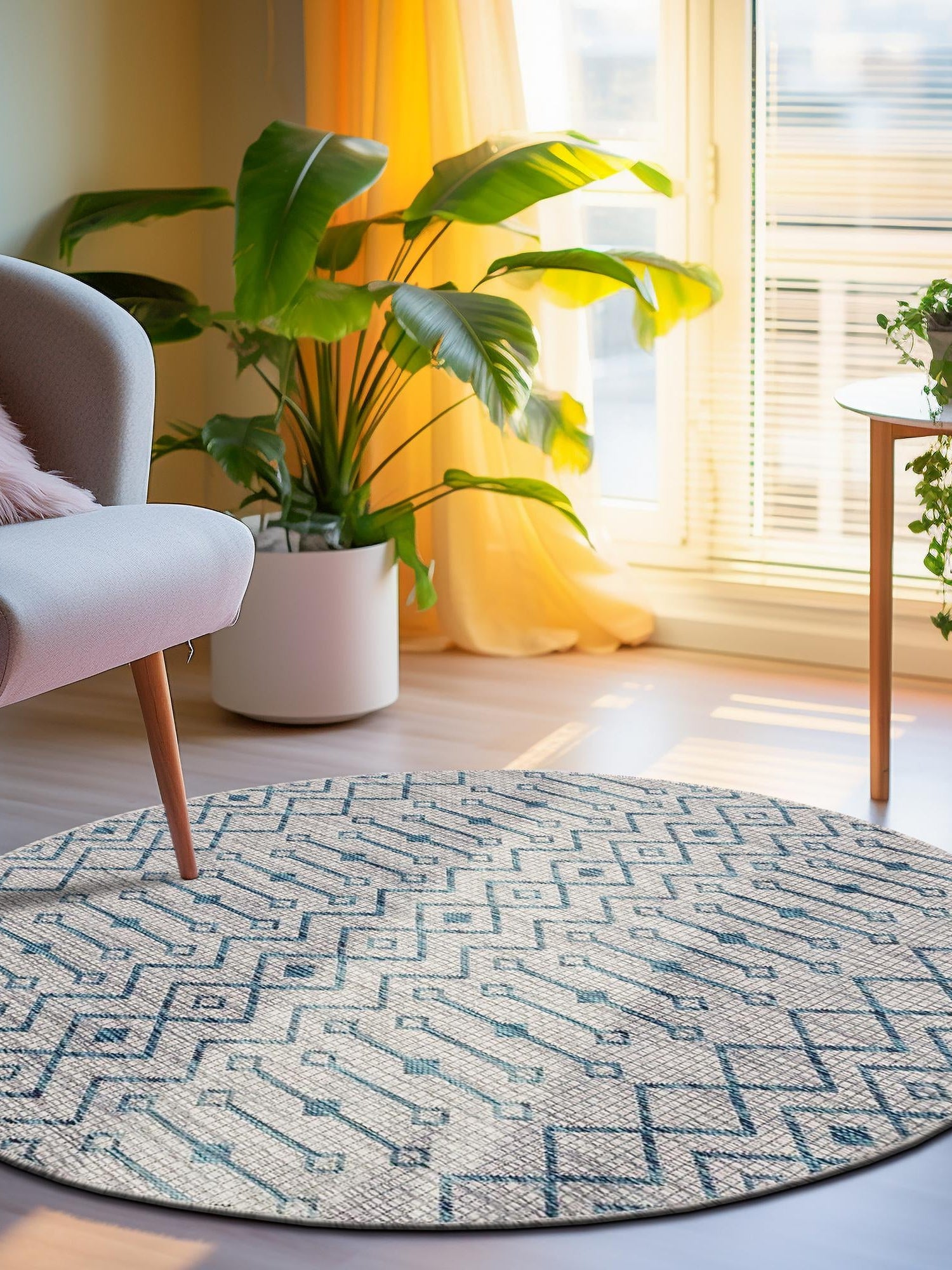 Light Blue 10' 8 x 10' 8 Outdoor Trellis Round Area Rug Weather Resistant for Patio, Deck, Terrace, Balcony, Porch Geometric Design Water Safe Outside Carpet for Sale at Rug Engine