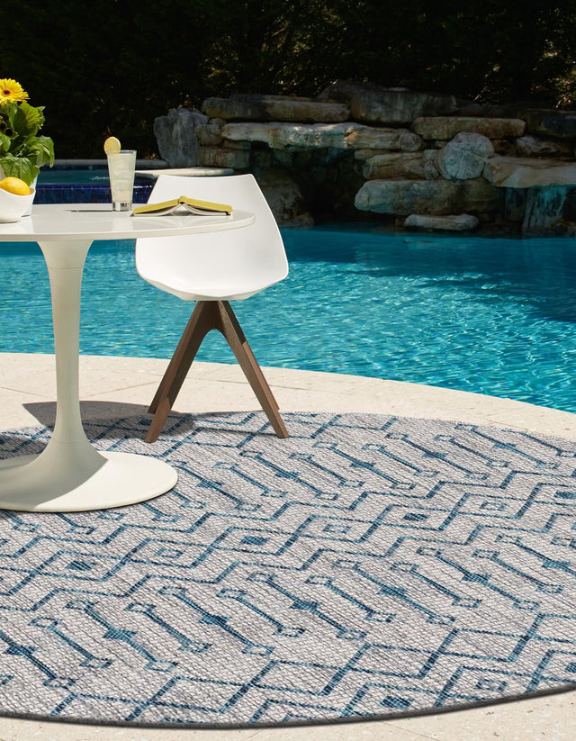 Light Blue 10' 8 x 10' 8 Outdoor Trellis Round Area Rug Weather Resistant for Patio, Deck, Terrace, Balcony, Porch Geometric Design Water Safe Outside Carpet for Sale at Rug Engine