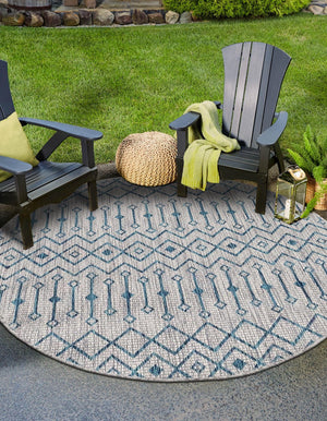 Light Blue 4' 1 x 4' 1 Outdoor Trellis Round Area Rug Weather Resistant for Patio, Deck, Terrace, Balcony, Porch Geometric Design Water Safe Outside Carpet for Sale at Rug Engine