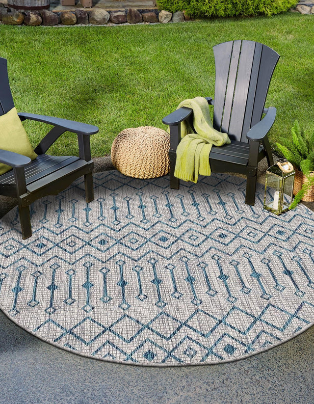 Light Blue 4' 1 x 4' 1 Outdoor Trellis Round Area Rug Weather Resistant for Patio, Deck, Terrace, Balcony, Porch Geometric Design Water Safe Outside Carpet for Sale at Rug Engine
