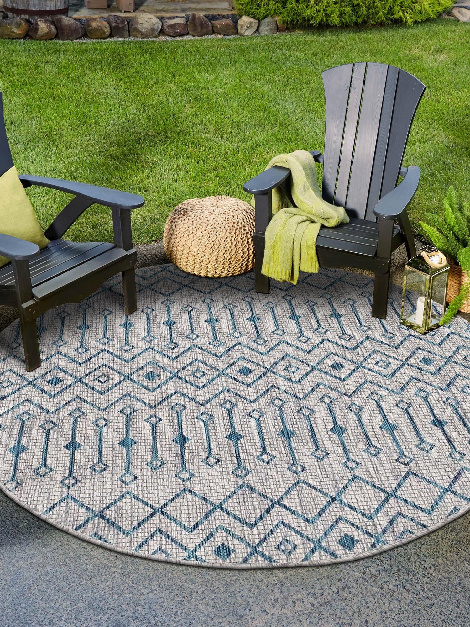 Light Blue 10' 8 x 10' 8 Outdoor Trellis Round Area Rug Weather Resistant for Patio, Deck, Terrace, Balcony, Porch Geometric Design Water Safe Outside Carpet for Sale at Rug Engine