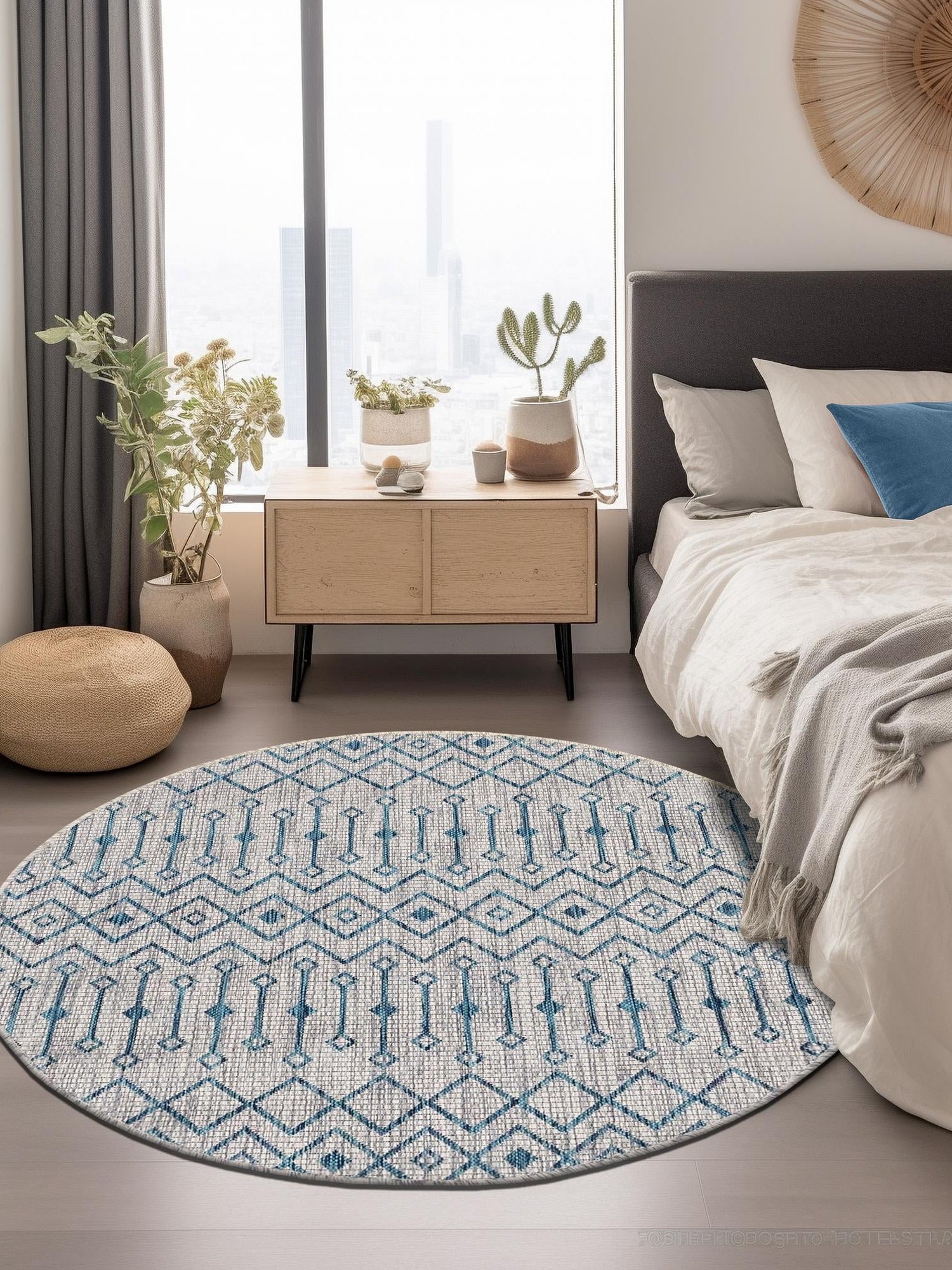 Light Blue 10' 8 x 10' 8 Outdoor Trellis Round Area Rug Weather Resistant for Patio, Deck, Terrace, Balcony, Porch Geometric Design Water Safe Outside Carpet for Sale at Rug Engine