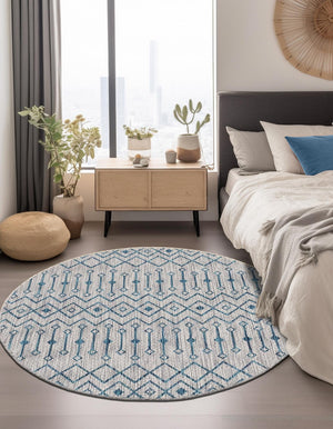 Light Blue 10' 8 x 10' 8 Outdoor Trellis Round Area Rug Weather Resistant for Patio, Deck, Terrace, Balcony, Porch Geometric Design Water Safe Outside Carpet for Sale at Rug Engine