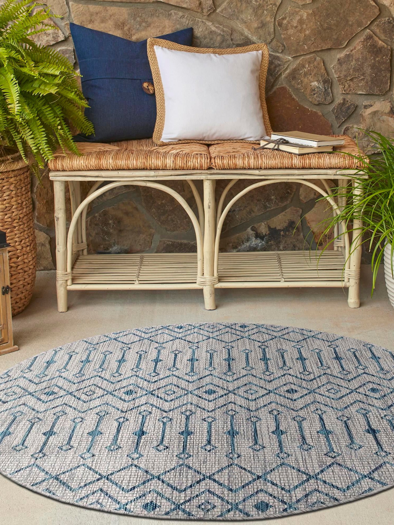 Light Blue 4' 1 x 4' 1 Outdoor Trellis Round Area Rug Weather Resistant for Patio, Deck, Terrace, Balcony, Porch Geometric Design Water Safe Outside Carpet for Sale at Rug Engine